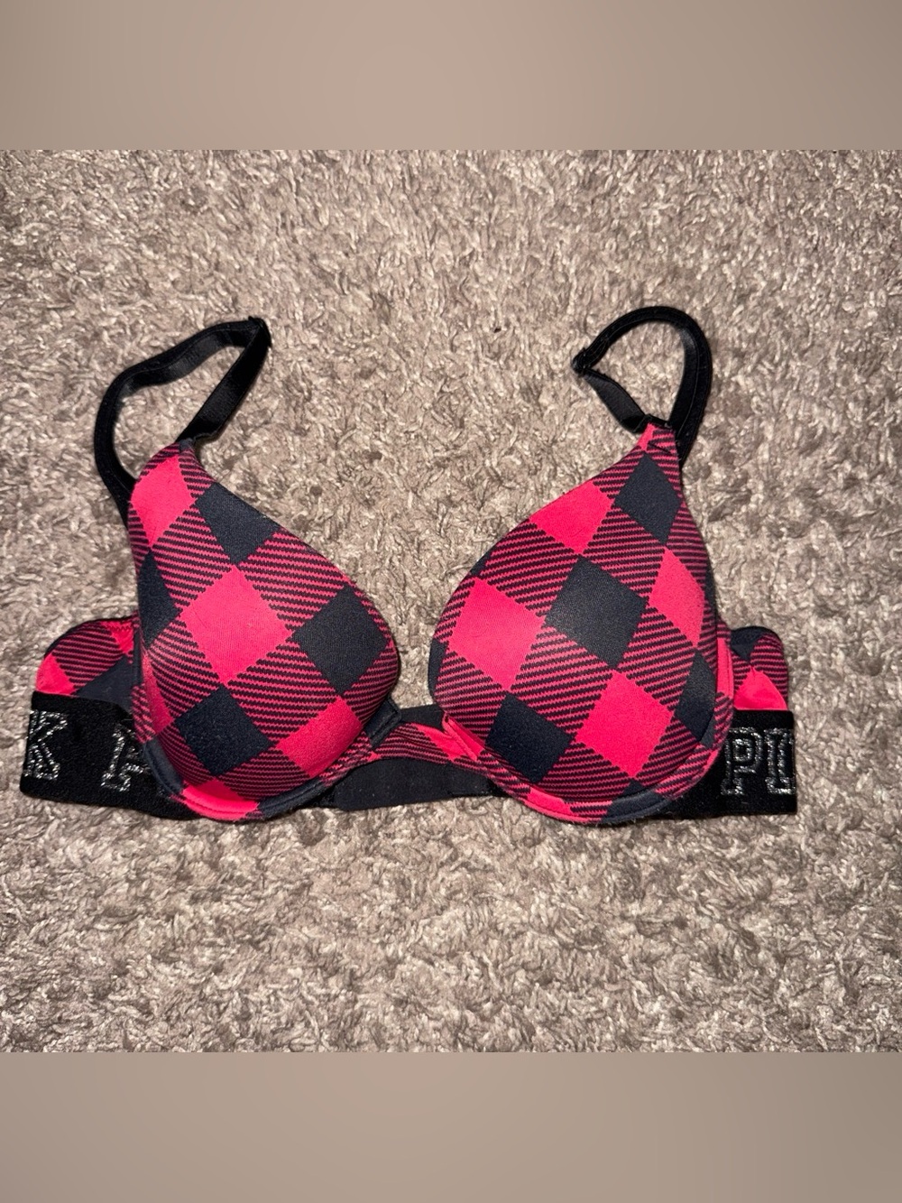 Vintage Y2K Victoria’s Secret Plaid Push-Up Bra - Pink & Black 32B